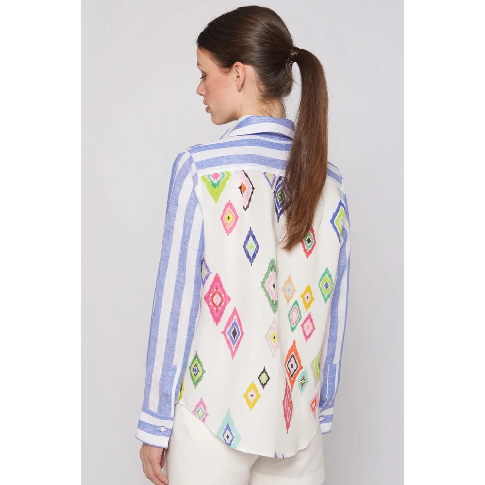 Vilagallo 100% Linen Shirt Womens EU 42/US 10 Ikat Striped Lagenlook *Flaw